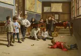Charles Bertrand d'Entraygues, Schuljungen beim Spielen mit Kreiseln im Klassenraum, Öl auf Leinwand