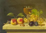 Gottfried Schultz, Stillleben mit Obst und einem Glas Wein, Öl auf Leinwand