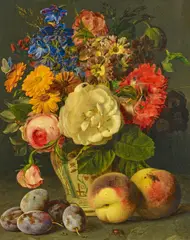 Ferdinand Küss, Stillleben mit einem Strauss Blumen und Obst, Öl auf Holz