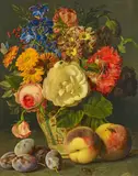Ferdinand Küss, Stillleben mit einem Strauss Blumen und Obst, Öl auf Holz