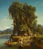 Paul Franken, Kaukasische Bauern in ihren Booten am Ufer, Öl auf Leinwand