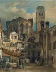 Andreas Achenbach, Blick auf den Campo San Rocco mit Santa Maria Gloriosa dei Frari in Venedig, Aquarell und Gouache auf Papier