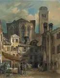 Andreas Achenbach, Blick auf den Campo San Rocco mit Santa Maria Gloriosa dei Frari in Venedig, Aquarell und Gouache auf Papier