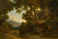 Josef Schertel, Weite Landschaft mit heimkehrenden Jägern, Öl auf Leinwand