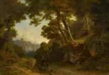 Josef Schertel, Weite Landschaft mit heimkehrenden Jägern, Öl auf Leinwand