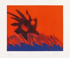 Handlesen by Otto Piene, Offsetlithografie (?) und Farbserigrafie auf rotem Fond auf Büttenkarton, sold Dec 2016