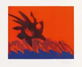 Otto Piene, Handlesen, Offsetlithografie (?) und Farbserigrafie auf rotem Fond auf Büttenkarton