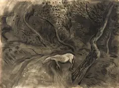 Otto Pankok, Pferd im Pinienwald, 1927, Kohlezeichnung, laviert auf ANCENS MANUFRES CANSON &amp; MONTGOLFIER - VIDALON-LES-ANNONAY (Wasserzeichen)