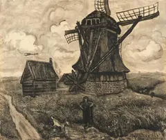 Otto Pankok, Windmühle, 1930, Kohlezeichnung, laviert auf Karton
