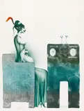 Paul Wunderlich, Konvolut von drei Druckgrafiken, a) Dame mit Hut und Hund bei Tisch