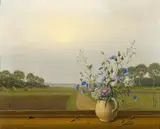 Herbert Böttger, Wiesenblumenstrauß im Krug mit Biene vor Fenster, Öl auf Leinwand
