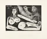 Pablo Picasso, Modèle posant et peintre, 1966, Aquatintaradierung auf BFK Rives