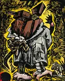 Jörg Immendorff, Entscheidend Feindbild, Linolschnitt auf bemalter Leinwand