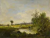 Paul Vernon, Wäscherinnen am Dorfbach, Öl auf Leinwand