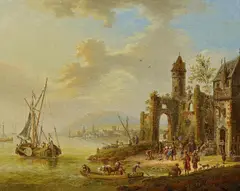 Franz Hochecker, Ideale Flusslandschaft mit Personen bei einem Hafen, Öl auf Leinwand