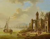 Franz Hochecker, Ideale Flusslandschaft mit Personen bei einem Hafen, Öl auf Leinwand
