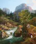 Franz Steinfeld, Figures Near an Alpine Stream, Oil on cradled wood panel