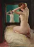 Erwin Hubert, Kneeling Female Nude Gazing into a Mirror, Oil on board