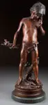 Auguste Louis Mathurin Moreau, Boy Holding Branch with Two Birds, Bronze with brown patina