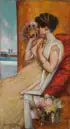 Dawson Dawson-Watson, Portrait of a Woman With Fan Gazing Out Window (Possibly the Artist's Wife, Mary Hoyt Sellar), Oil on canvas