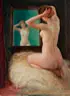 Erwin Hubert, Kneeling Female Nude Gazing into a Mirror, Oil on board