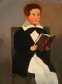 George G. Hartwell, A Primitive Portrait of a Boy Reading a Book Seated in a Chair, Oil on wood panel