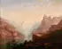 Arnold Jenny, Expansive Alpine Lake Scene with Travelers, Oil on canvas laid down