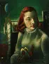 Robert Schuppner, Surrealistic Portrait of a Red Haired Woman Holding a Lunar Moth, Oil on artist board