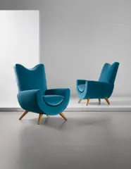 Jean Royere, Pair of "Ambassador" armchairs, circa 1955, Fabric, oak
