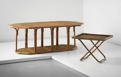 "Puzzle" table and serving stand by Gabriella Crespi, circa 1973, Bamboo, wicker-covered wood, brass, sold Jun 2015