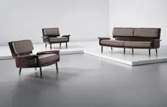 Unique sofa and pair of armchairs, from Jacques Quinet's apartment, Ajaccio, Corsica by Jacques Quinet, circa 1965, Leather-covered metal, fabric, brass, offered Jun 2015