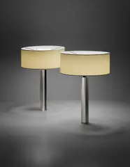 Jacques Quinet, Unique pair of table lamps, from Jacques Quinet's villa, La Renardière, Deauville, 1966, Chromium-plated metal, opaque glass, paper shades