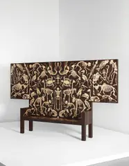 "Perished" bench by Studio Job, 2006, Macassar ebony-veneered wood, laser-cut bird’s eye maple inlays, sold Jun 2015
