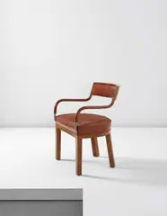 Samuel Marx, Armchair, circa 1944, Burlwood-veneered wood, leather, steel