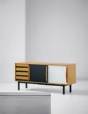Sideboard, from Cité Cansado, Mauritania by Charlotte Perriand, 1958, Ash-veneered wood, oak, plastic-laminated plywood, painted metal, offered Jun 2015
