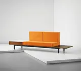 Bench, from Cité Cansado, Mauritania by Charlotte Perriand, 1958, Painted metal, mahogany, plastic-laminated wood, mahogany-veneered wood, fabric, offered Jun 2015