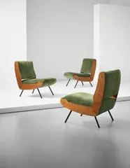 Gianfranco Frattini, Set of three armchairs, model no. 836, circa 1954, Oak, painted tubular metal, brass, fabric