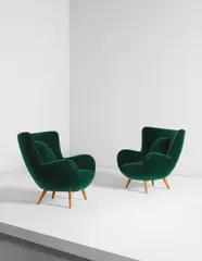Carlo Mollino, Pair of armchairs, designed for the Acotto House, Turin, circa 1952, Mohair, beech