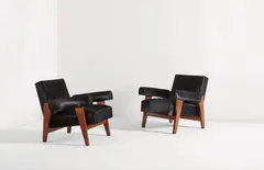 Le Corbusier and Pierre Jeanneret, Pair of armchairs, model no. LC/PJ-SI-42-A/B, designed for the High Court and Assembly, Chandigarh, circa 1955-1956, Teak, hide