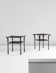 Ingrid Donat, "Table chevet femme au collier," 2006 and "Table chevet têtes extérieures," 2004, Patinated bronze, parchment