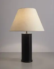 Table lamp by Jacques Adnet, 1950s, Stitched leather over steel, brass, paper shade, sold Dec 2015