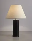 Jacques Adnet, Table lamp, 1950s, Stitched leather over steel, brass, paper shade