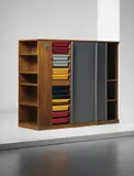 Double wardrobe and room divider, from a "chambre d’étudiant," Maison du Brésil, Cité Internationale Universitaire de Paris by Le Corbusier and Charlotte Perriand, 1956-1959, Oak, painted oak-veneered wood, plastic, painted metal, sold Dec 2015