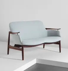 Settee, model no. NV53 by Finn Juhl, circa 1953, Rosewood, fabric, brass, sold Dec 2015