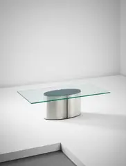 Unique low table, from a private commission, Martigues, France by Jacques Quinet, 1974, Brushed steel-covered wood, painted plywood, glass, offered Dec 2015