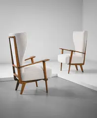 Renzo Zavanella, Pair of armchairs, 1940s, Oak, brass, upholstery
