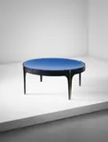 Fontana Arte, Low table, circa 1958, Colored mirrored convex glass, glass, painted metal, brass