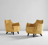 Gio Ponti, Pair of armchairs, from the First Class Ballroom of the Augustus transatlantic ocean liner, 1950, Fabric, painted wood