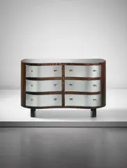 Pietro Chiesa, Rare chest of drawers, circa 1938, Macassar ebony-veneered wood, walnut, mirrored glass, nickel-plated brass