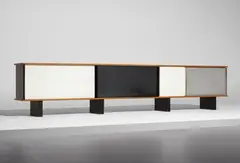 Charlotte Perriand, Large unique sideboard, 1959, Oak-veneered wood, oak-veneered plywood, painted wood, painted steel, plastic, glass, aluminum